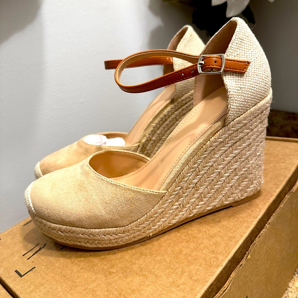 Womens Tan Espadrille Wedge Heels with Ankle Strap